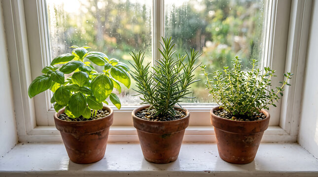 Row of terracotta herb pots on kitchen windowsill, basil rosemary thyme backlit by morning window, condensation on glass, warm side light