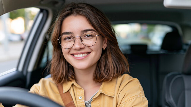 Smiling attractive woman turning to check behind while reversing a modern car in bright daylight, female driver, reverse parking, safe driving, vehicle control, car interior, rear