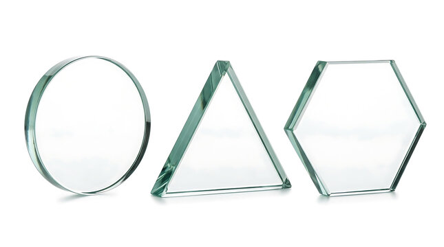 Transparent Glass Geometric Shapes Circle Triangle Hexagon Isolated on White Background for Mockup Design