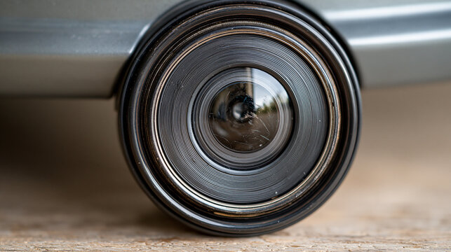 Macro detail of a scratched parking camera lens showing ordinary wear in bright diffused light, automotive maintenance, camera damage, car sensor, parking assistance, vehicle component,