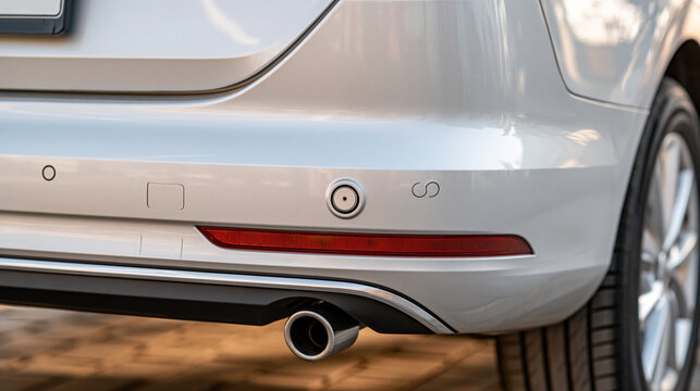 Round reverse parking sensor embedded in a clean rear bumper, bright detailed close-up, parking radar, automotive sensor, vehicle safety, obstacle detection, car technology, reverse system,