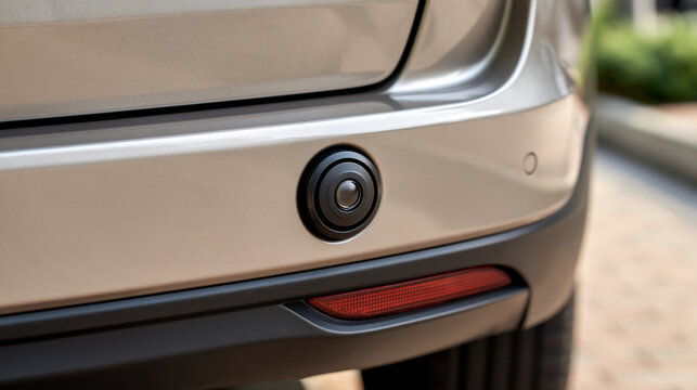 Round reverse parking sensor embedded in a clean rear bumper, bright detailed close-up, parking radar, automotive sensor, vehicle safety, obstacle detection, car technology, reverse system,