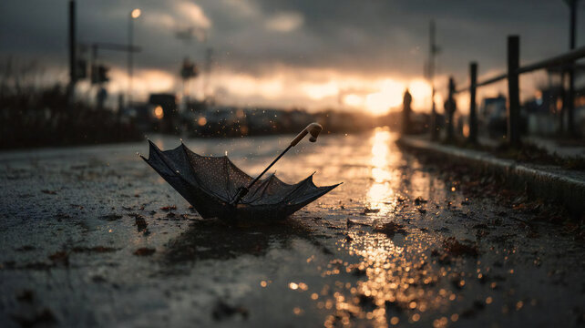 雨に濡れた傘。AIで生成。