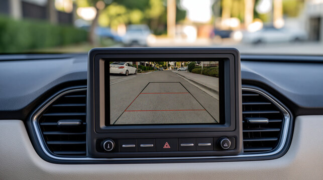 Modern car monitor showing a crisp bright rear camera feed with colored distance markers and an empty lane, reverse camera, parking assistant, dashboard display, automotive safety, obstacle