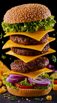 A stack of cheeseburgers with lettuce and onions topped with cheese and tomato on a black background