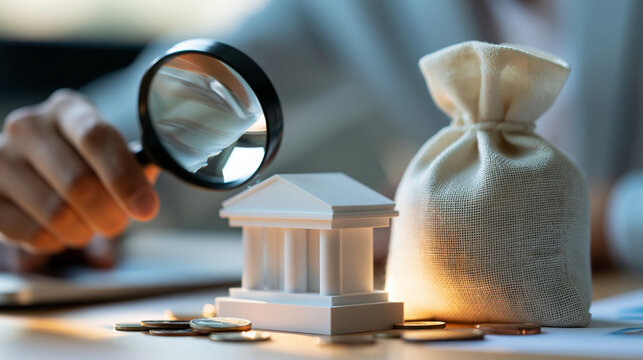 Close-up of hand holding magnifying glass over bank model and money bag, financial investigation and anti-money laundering compliance concept, defocused background, with copy space