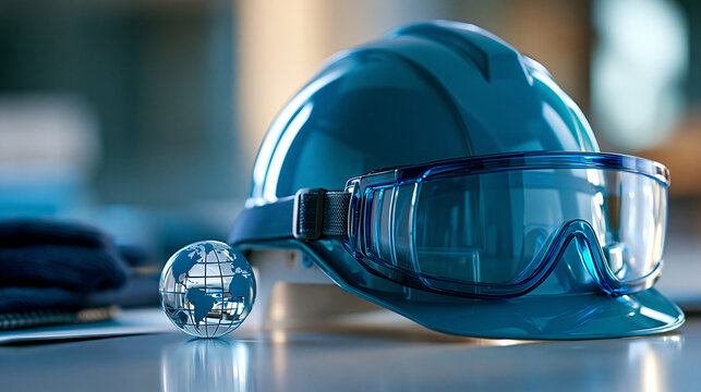 HSE global health policy concept with industrial safety helmet, goggles and globe icon, workplace protection theme, defocused background, with copy space