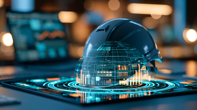 Implementing work safety measures through technology and digital solutions concept, defocused background, with copy space