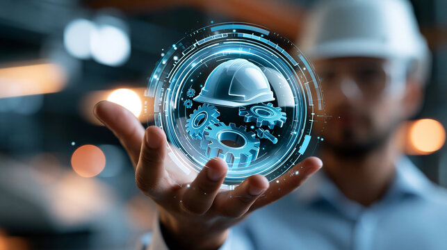 Implementing work safety measures through technology and digital solutions concept, defocused background, with copy space