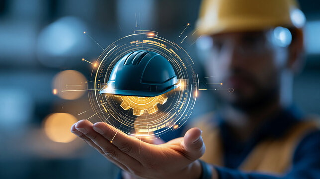 Implementing work safety measures through technology and digital solutions concept, defocused background, with copy space