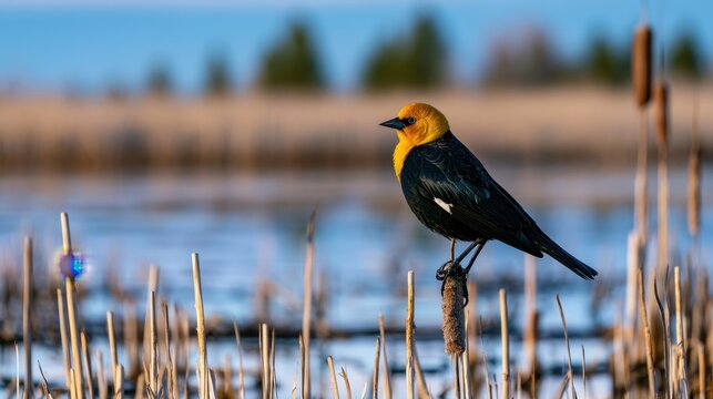 Montana wetlands scene featuring a yellow-headed blackbird with reflective water and reeds