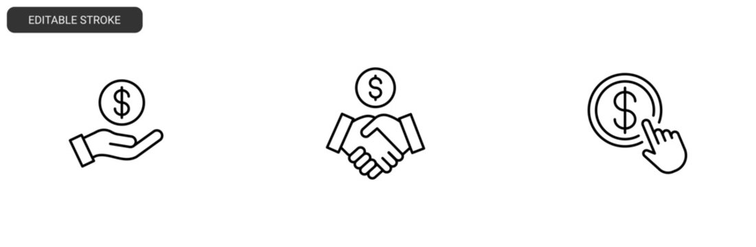 Business Deal Icon Set. Hand, Handshake, Click to Pay Vector Icons - hand holding coin save money icon, Pay per click icon