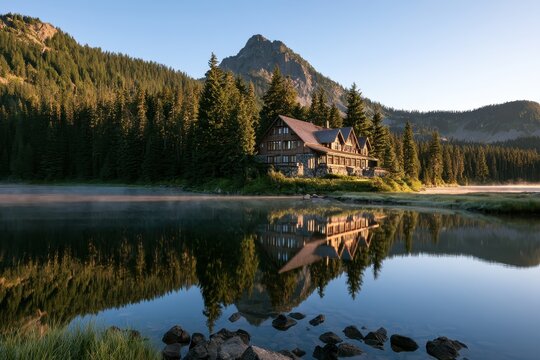 Morning light over evergreen forest, lake, and a rustic mountain retreat
