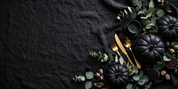 Halloween Black Pumpkins and Gold Cutlery on Dark Fabric