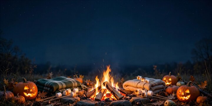Halloween Campfire Blankets and Jack O Lanterns Under Night Sky