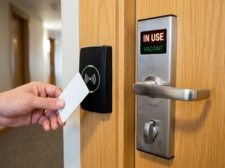 Naklejka premium Person Using Electronic Card Key For Hotel Room Door Access
