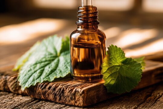 Natural aromatherapy scene: patchouli oil dropper beside fresh leaves on wooden plank