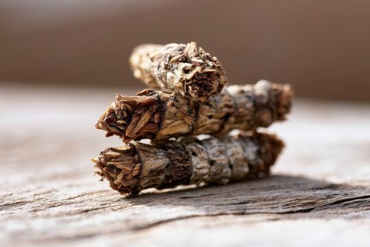 Natural arrangement of three bagworm cases made from plant materials