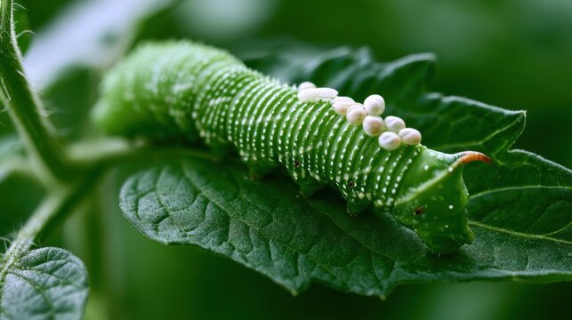 Natural daylight close-up of a hornworm with parasitic eggs on garden leaves
