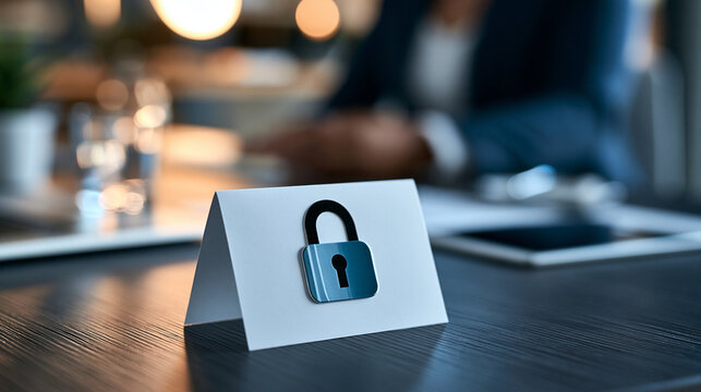 White tent card indicating mandatory cyber security training session for corporate professionals, defocused office background, with copy space