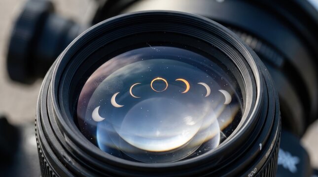 Solar eclipse phases reflected in camera lens.