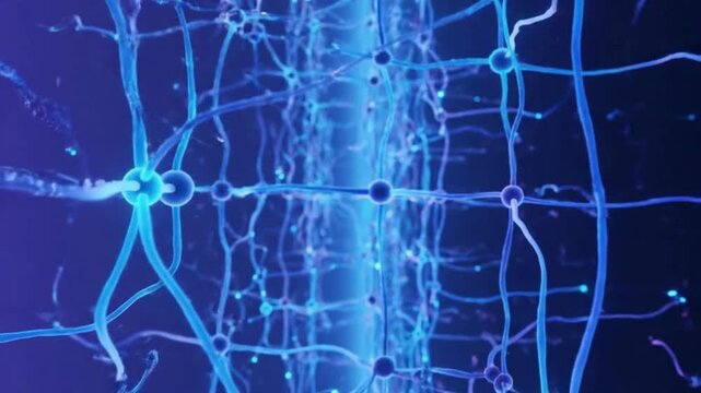 Futuristic digital neural network with glowing blue interconnected nodes and synapses technology brain synapse connection science technology brain synapse connection science
