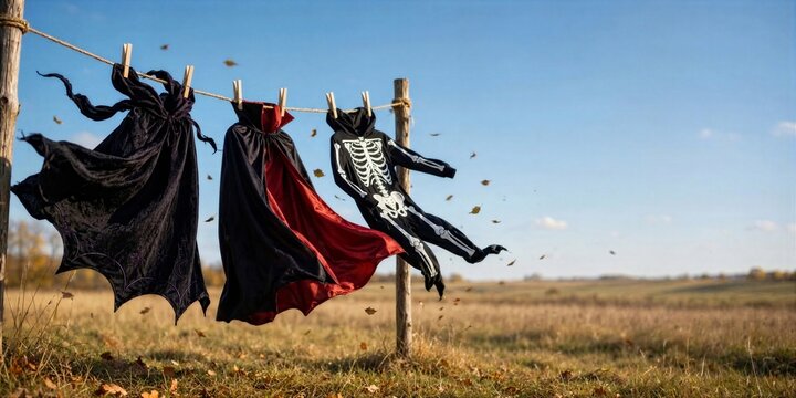 Halloween Halloween Costumes Hanging on Outdoor Clothesline