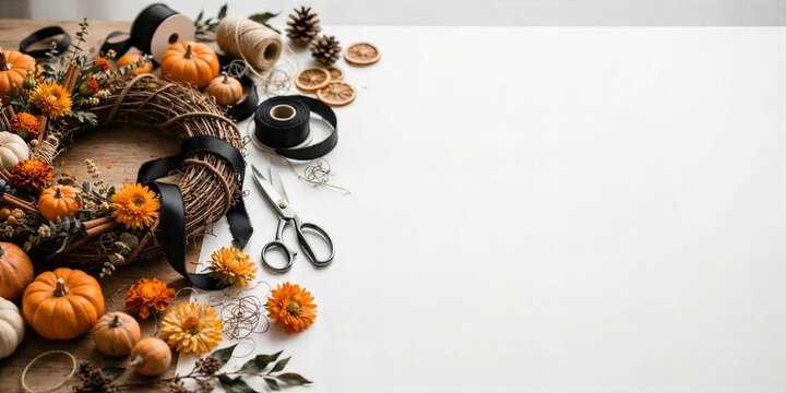 Halloween Halloween Craft Tools Ribbon Scissors and Pumpkins