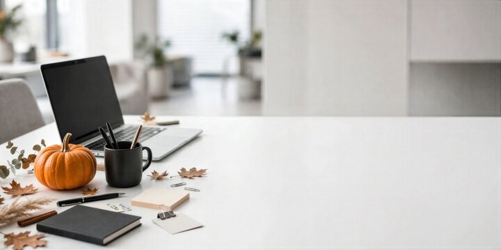 Halloween Minimal Office Desk with Laptop Pumpkin and Black Mug