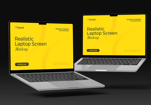 Realistic Floating Laptop Screen Mockup, Yellow Display Dark Background