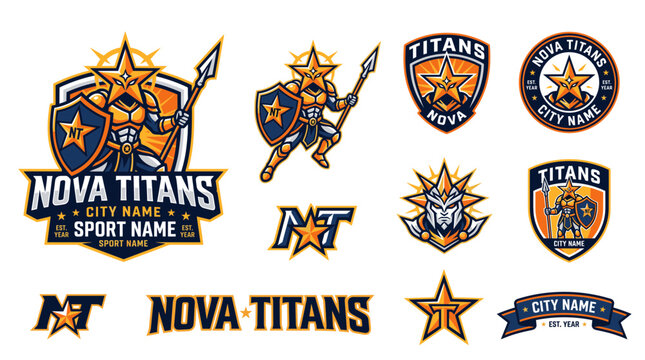 Nova Titans Sports Mascot Logo Set featuring Celestial Warrior with Star Helmet Shield and Spear for Team Branding and Esports Identity