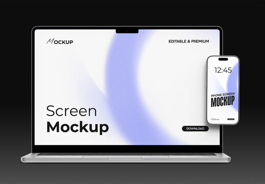 Realistic Laptop and Phone Screen Mockup, Multi-Device Display on Dark Background