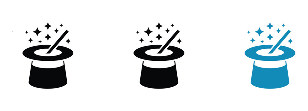 Magic hat icons featuring magician top hat, magic wand, rabbit trick, and abracadabra symbols for circus, illusion, party, and performance vector graphics.
