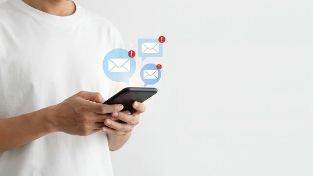 Person holding a smartphone with many incoming email notifications and alerts