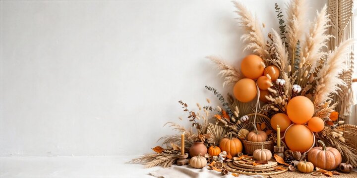 Halloween Pumpkin Pampas Grass and Orange Balloon Corner