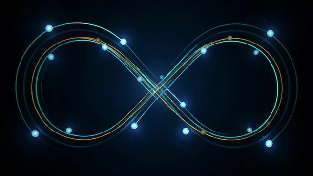 Glowing Infinity Symbol with Moving Particles and Light Trails Against Dark Background