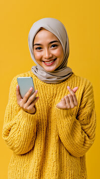 A smiling woman wearing a yellow sweater and a hijab holding a smartphone