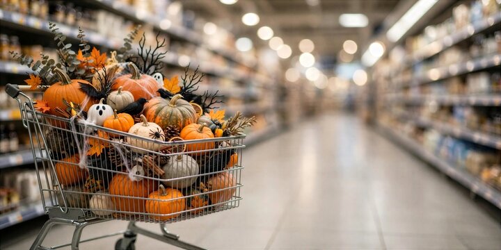 Halloween Shopping Cart Filled with Pumpkins in Grocery Aisle