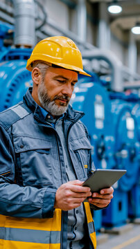 A man in a hard hat and safety vest is holding a tablet computer