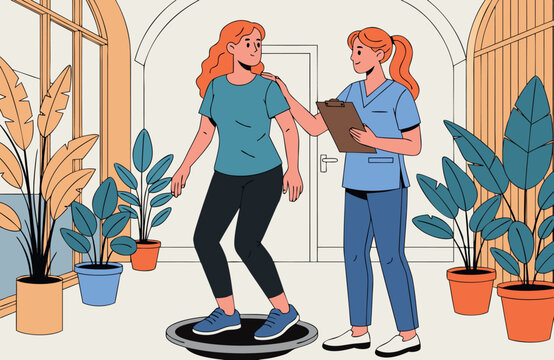 Physical therapist assisting patient on balance board in clinical room vector