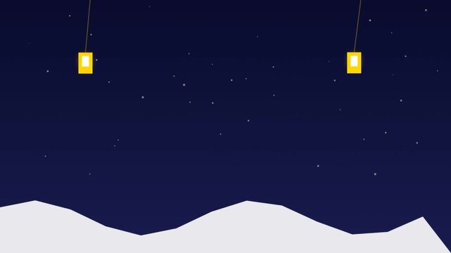 Minimalist night sky animation with glowing lanterns swaying over snowy hills and sparkling stars.