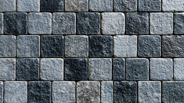 A close-up photograph of a wall made of gray and black stone tiles