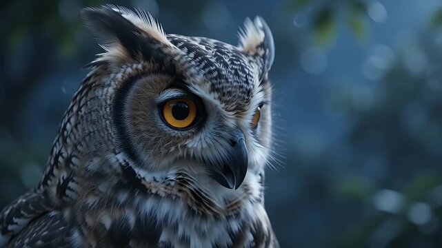 Great Horned Owl mother with three adorable owlets perched on a mossy tree branch at dusk, nocturnal wildlife family