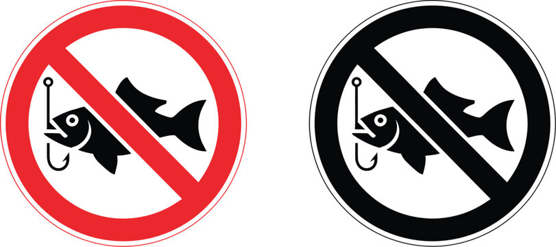 No fishing icon set, prohibition symbols, fishing ban sign, restriction signage, outline, filled, flat styles, warning notice, modern vector design