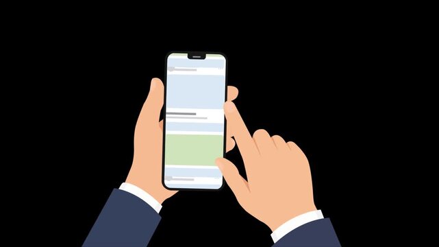 Vector illustration of hands holding smartphone and tapping mobile app screen on black background