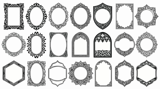 A collection of black and white vintage ornamental frames, decorative borders, floral scroll shapes, and arch silhouettes isolated on a white background.
