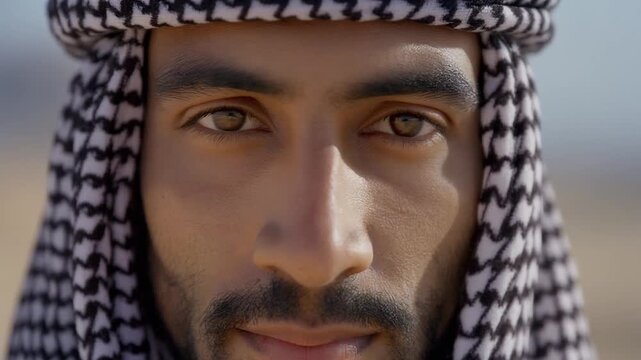Close-up portrait of middle eastern man in keffiyeh looking at camera