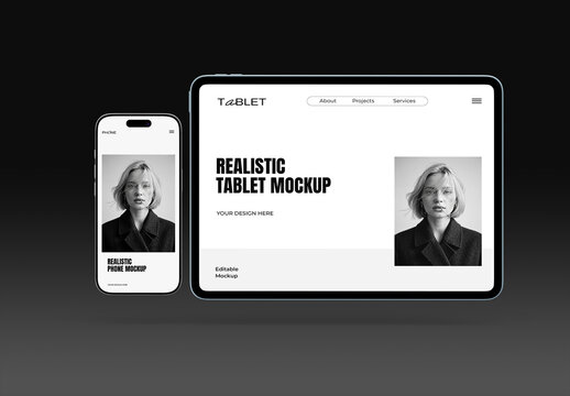 Tablet and Mobile Phone Screen Mockup Display on Dark Background