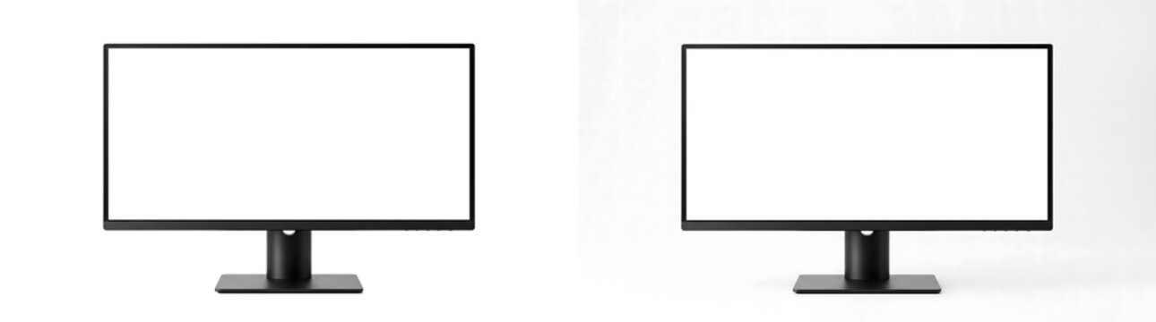 Blank computer monitor with white screen and black frame on a stand for technology and display mockup design shown in PNG, Transparent and White Background Versions