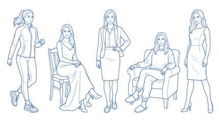 Fototapeta premium Vector line art set of a woman in diverse outfits and poses, including business, casual, formal, and activewear